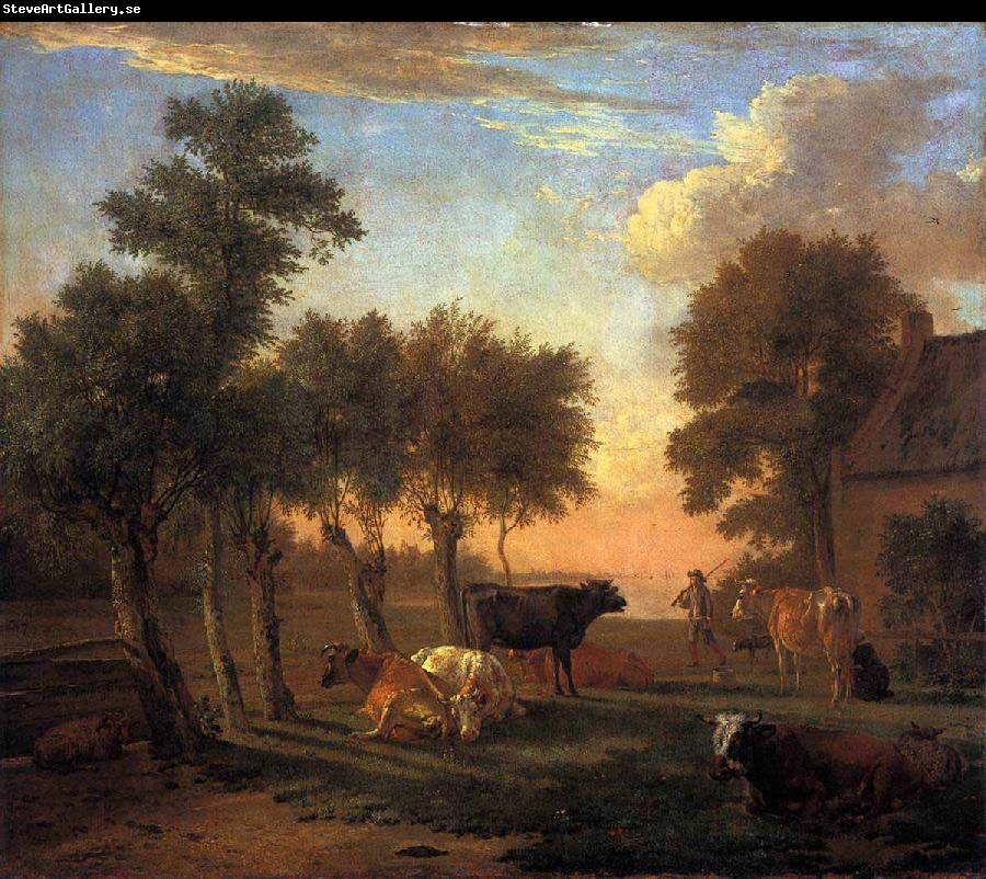 paulus potter Cows in a meadow near a farm